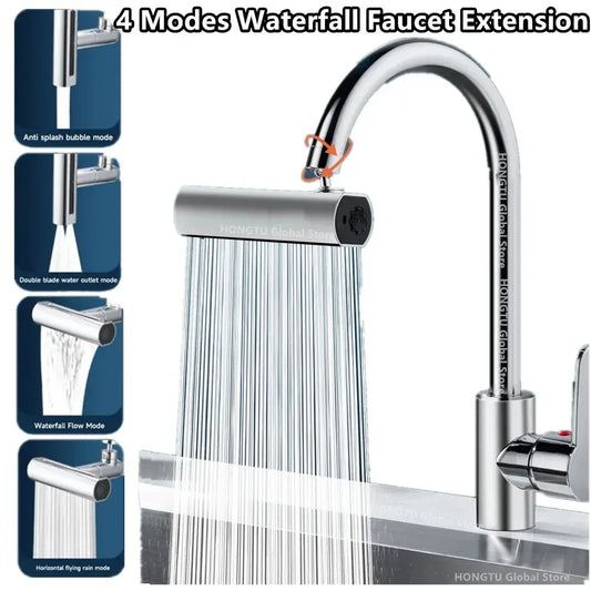 360° Swivel Waterfall Faucet Extension Adapter Sprayer 4 Modes for Kitchen Sink Tap Shower Spray Waterfall Pressurized Bubbler